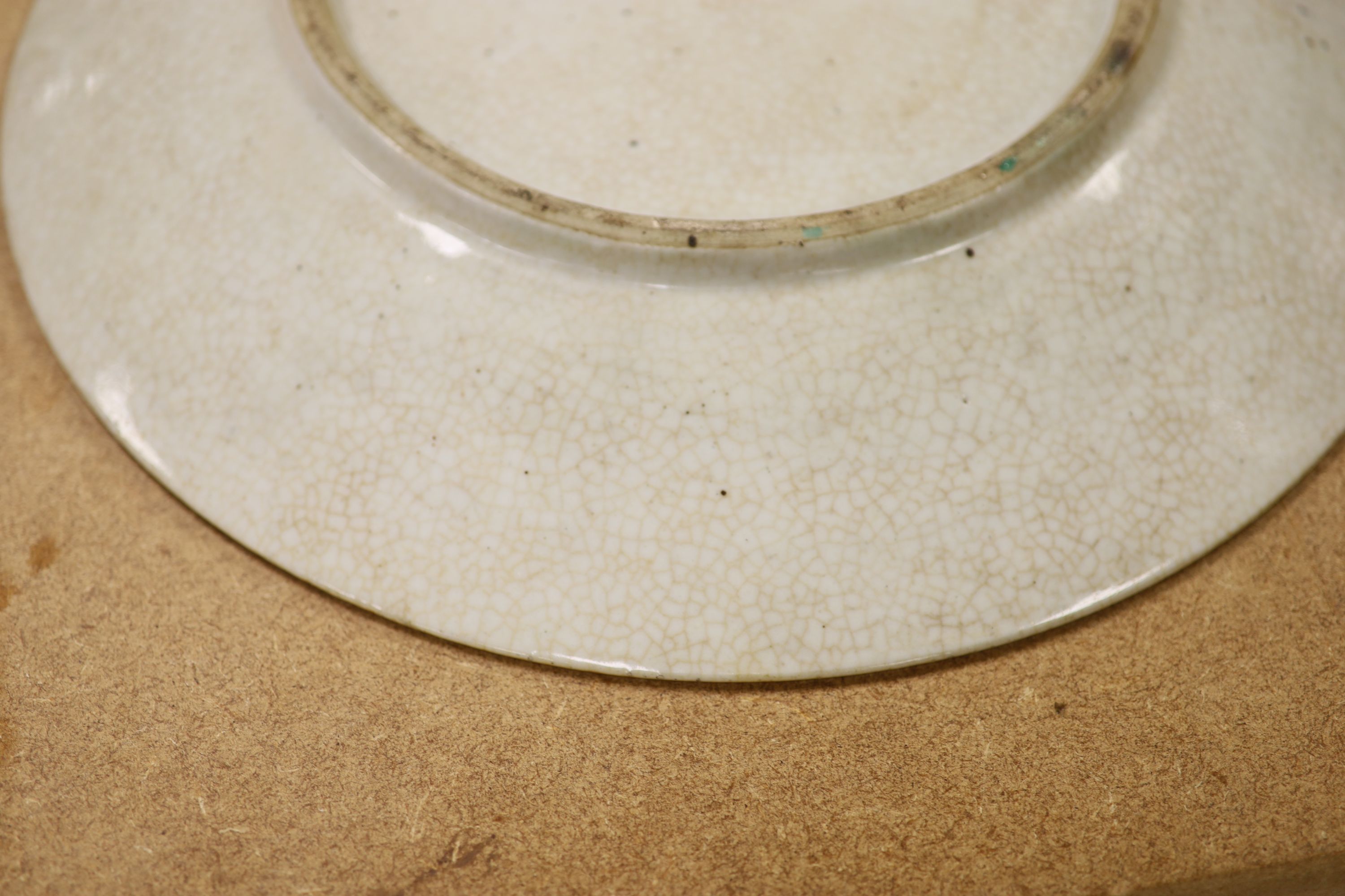 A 19th century Chinese famille verte crackle glaze dish and wood stand, diameter 35cm